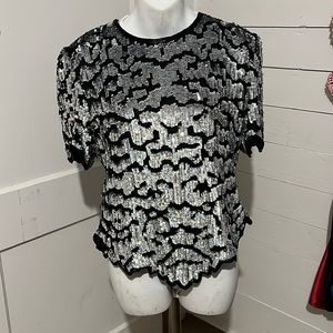 Vintage Laurence Kazar Black Silver Sequined Silk Blouse Top Size L